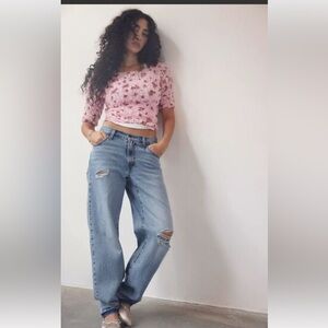 Free People Rosie Posie Pink Floral Ruched Smocked Top